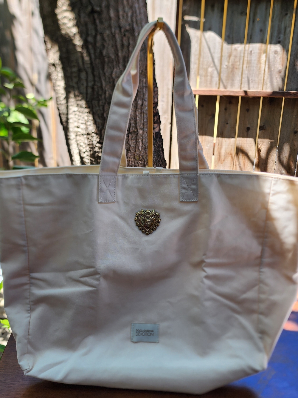 Dolce & Gabbana Devotion Cream Beige Canvas Large Tote Bag Gold Sacred Heart